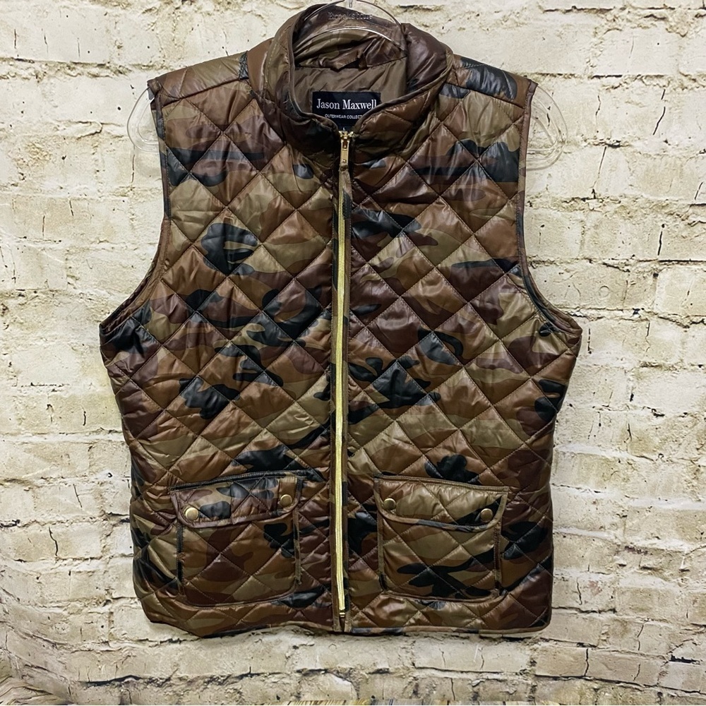 Jason Maxwell Quilted Camo Vest Outdoor Wear Zip Closure